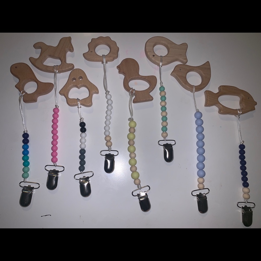 Pacifier clips & teethers (can be sold separately)
